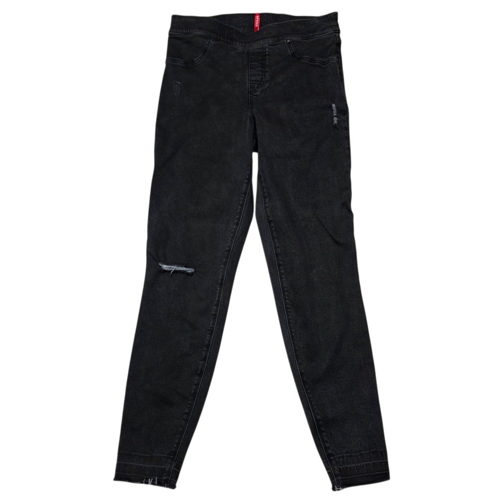Spanx Distressed Ankle Skinny Jeans Womens L Black Cotton Blend Pull On